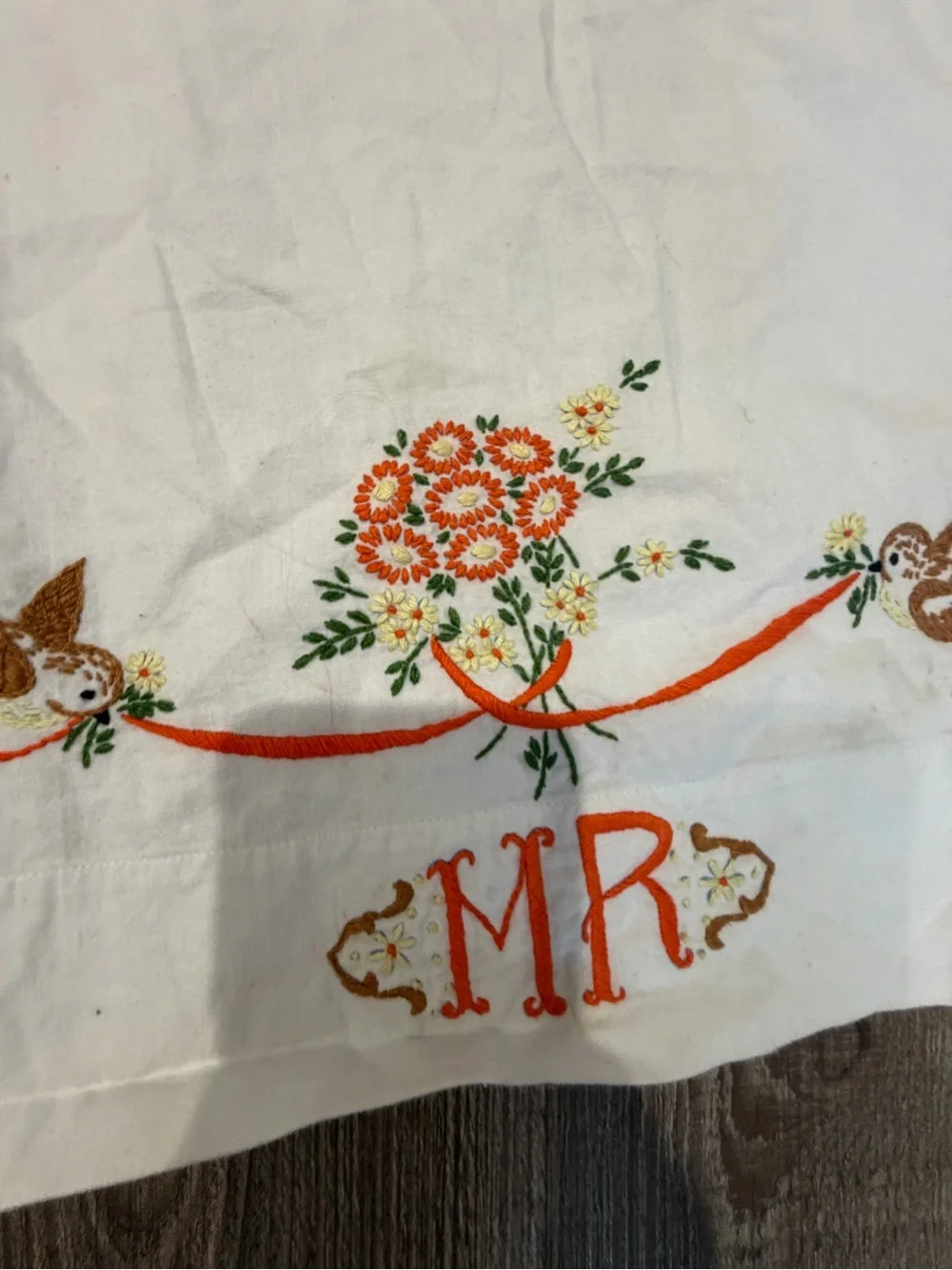 Embroidered White pillow cases with Orange Floral & Monogram - Set Mr.& Mrs.